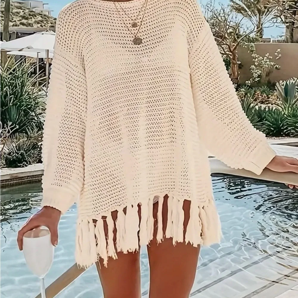 Cream Boho Knit Swim Coverup with Fringe